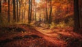 Tranquil footpath winds through vibrant autumn wilderness, a nature paradise generated by AI