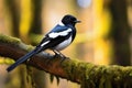 In the tranquil forest, a beautiful magpie perches on a tree branch, capturing the essence of nature and wildlife. Its