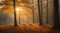 A tranquil forest at dusk, where the amber glow of the setting sun filters through rustling leaves