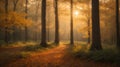 A tranquil forest at dusk, where the amber glow of the setting sun filters through rustling leaves