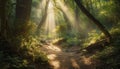 Tranquil forest footpath, autumn leaves underfoot generated by AI