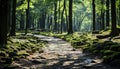 Tranquil forest footpath, green leaves, summer beauty in nature generated by AI