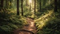 Tranquil forest footpath leads through the green wilderness of nature generated by AI