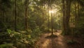 Tranquil forest footpath leads to vanishing point of autumn mystery generated by AI