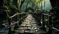 Tranquil forest footpath reveals ancient stone bridge in tropical rainforest generated by AI Royalty Free Stock Photo