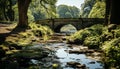 Tranquil forest landscape, ancient bridge over flowing water generated by AI Royalty Free Stock Photo