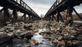 Tranquil forest landscape, old bridge over flowing water generated by AI Royalty Free Stock Photo