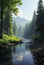 Tranquil forest landscape with river in background, riverbank, peaceful, nature Royalty Free Stock Photo
