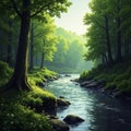 Tranquil forest landscape with river in background, vegetation, riverbank, peaceful Royalty Free Stock Photo