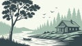 Tranquil Forest Landscape with Rustic Cabin and River, vector design Generative AI Royalty Free Stock Photo