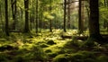 Tranquil forest meadow, sunlight illuminates green trees and leaves generated by AI Royalty Free Stock Photo