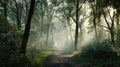 Tranquil Forest Path with Dappled Sunlight and Mist Through Quiet Morning Trees Royalty Free Stock Photo