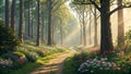 Tranquil Forest Path: A scenic view of tall trees, wildflowers, and a winding pathway bathed in soft sunlight Royalty Free Stock Photo