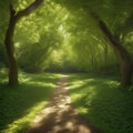 A tranquil forest path under a canopy of lush green leaves, dappled sunlight creating intricate patterns on the gro Royalty Free Stock Photo