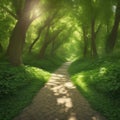 A tranquil forest path under a canopy of lush green leaves, dappled sunlight creating intricate patterns on the gro Royalty Free Stock Photo