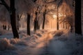 A tranquil forest path under winter sun, casting a frosty spell