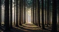 Sunlit Forest Path Tall Pine Trees and Dappled Sunlight Royalty Free Stock Photo
