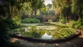 Tranquil forest pond reflects beauty in nature idyllic green landscape generated by AI