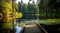 A tranquil forest pond with a wooden dock