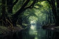 Tranquil Forest river trees. Generate Ai