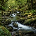 A tranquil forest scene features a small stream flowing over moss-covered rocks Royalty Free Stock Photo