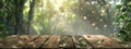 Serene Forest Clearing With Sunlight Filtering Through Trees Onto a Wooden Platform Royalty Free Stock Photo