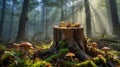 Enchanted Forest Scene with Mushrooms and a Tree Stump Bathed in Golden Sunlight Royalty Free Stock Photo