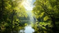 Tranquil forest scene with sunlit river and lush greenery Royalty Free Stock Photo
