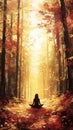 In a tranquil forest with soft lighting, a person finds peace through meditation, enveloped by the vibrant surroundings Royalty Free Stock Photo