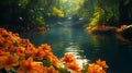Tranquil forest stream with cascading waterfall and orange blossoms Royalty Free Stock Photo