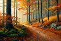 A tranquil forest trail in fall, where the trees create a vibrant canopy overhead, and the forest floor is a sea of fallen leaves Royalty Free Stock Photo