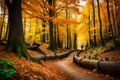A tranquil forest trail in fall, where the trees create a vibrant canopy overhead, and the forest floor is a sea of fallen leaves Royalty Free Stock Photo