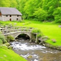 a tranquil forest with a winding river crossing the bridge along the cottage.