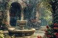 Tranquil garden fountain with blooming roses Royalty Free Stock Photo