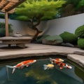 A tranquil garden with a koi pond and Japanese maple trees4