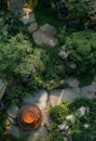 Tranquil garden pond surrounded by lush greenery Royalty Free Stock Photo