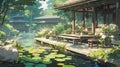 A tranquil garden with a serene pond, koi fish swimming, and a traditional Japanese tea house manga cartoon style by AI generated