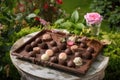 tranquil garden setting with tray of assorted chocolate truffles, including raspberry and hazelnut flavors Royalty Free Stock Photo