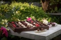 tranquil garden setting with tray of assorted chocolate truffles, including raspberry and hazelnut flavors Royalty Free Stock Photo