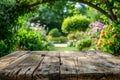 Tranquil Garden View through a Wooden Arch with Lush Greenery and Colorful Flowers on a Sunny Day