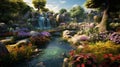 Colorful Flower Garden With Waterfall Unreal Engine 5 Chinese Landscape