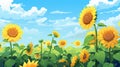 Tranquil Gardenscapes: Cartoon Illustration Of Lively Sunflower Field