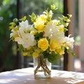 Tranquil Gardenscapes: Glass Vase With Yellow And White Flowers Royalty Free Stock Photo