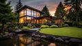 Tranquil Gardenscapes: A Luxurious Glass House At Sunset By The Lake Royalty Free Stock Photo