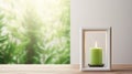 Tranquil Gardenscapes: White Candle On Wooden Table With Bamboo Trees Background