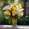 Tranquil Gardenscapes: Yellow Roses And White Carnations Flower Arrangement Royalty Free Stock Photo