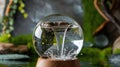 A tranquil glass orb cascading water, surrounded by lush greenery and natural elements. Royalty Free Stock Photo