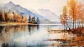 November Glen Watercolor: Trees, Lake, And Mountains Landscape Royalty Free Stock Photo