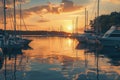 Tranquil golden hour harbor with private boats perfect setting for text placement Royalty Free Stock Photo