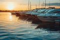 Tranquil golden hour harbor with private boats, perfect for text placement in serene setting Royalty Free Stock Photo